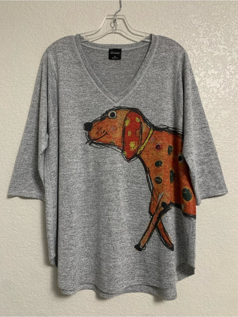 Inoah Sweater Top Tunic Womens XL Graphic Clifford Dog Vneck 3/4 Sleeve Lightwei